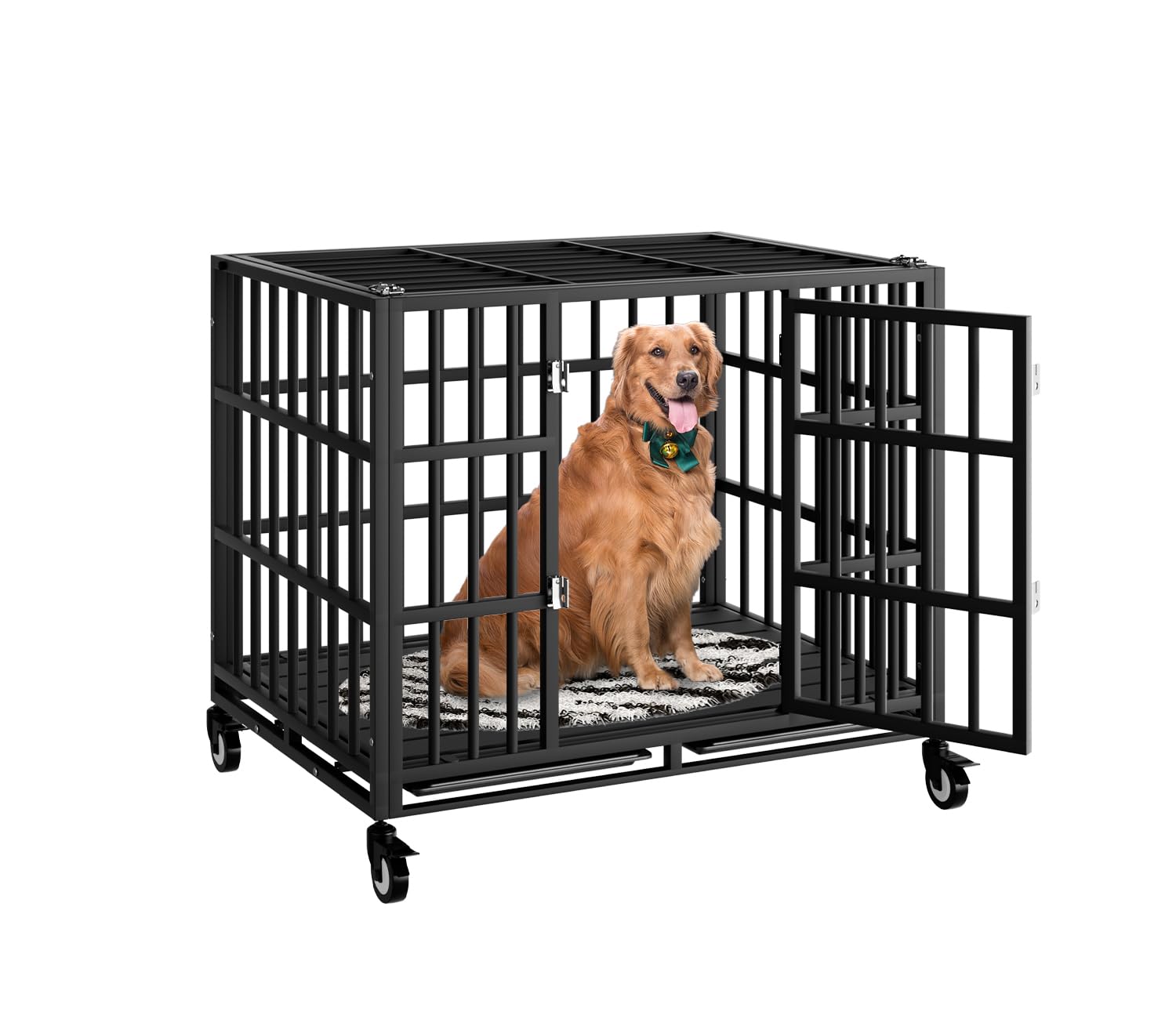 Hmhtct 38 Inch Heavy Duty Dog Crate With Wheels,Indestructible Escape-Proof Dog Kennel With Locking Latch And Double Door,Extra 