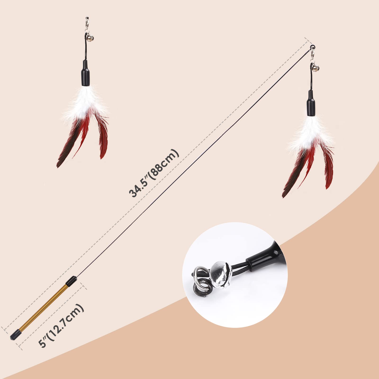 Pawaboo Feather Teaser Cat Toy, Interactive Feather Wand Cat Toy Flying Feather Cat Catcher With Extra Long 34.5' Wand And Small Bell, Exerciser Playing Toy For Kitten Or Cat, Wine Red & White Feather