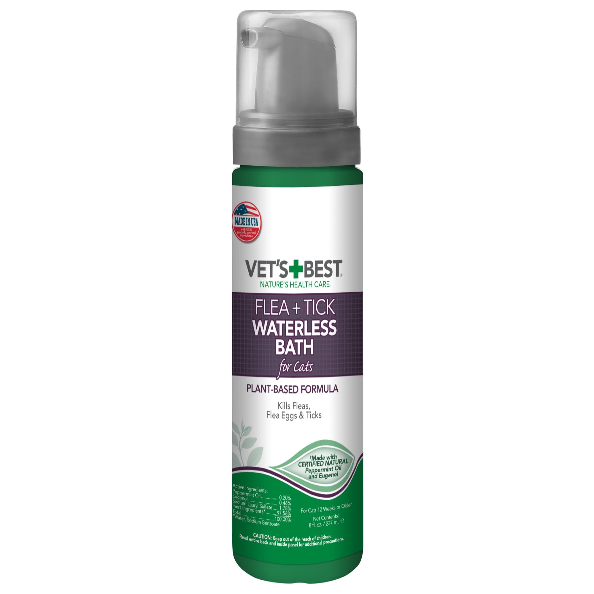 Vets Best Natural Flea and Tick Waterless Bath for Cats - No-Rinse Dry Foam Shampoo with Plant-Based Ingredients & Essential Oil