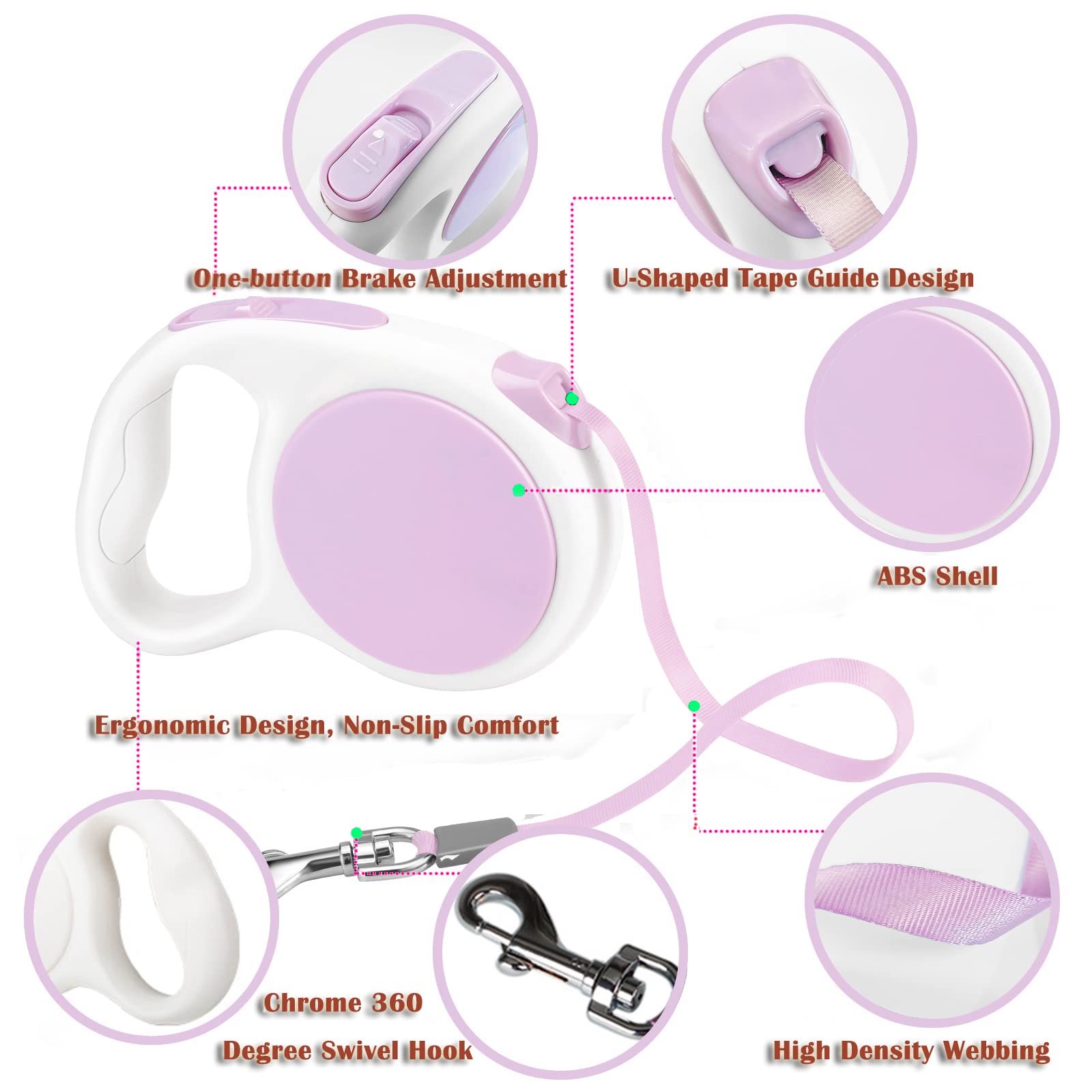 Lavender Purple Retractable Dog Leash 10 Ft For Small And Medium Dogs And Cats, One Button Brake, Pause, Lock By Lfcxhty