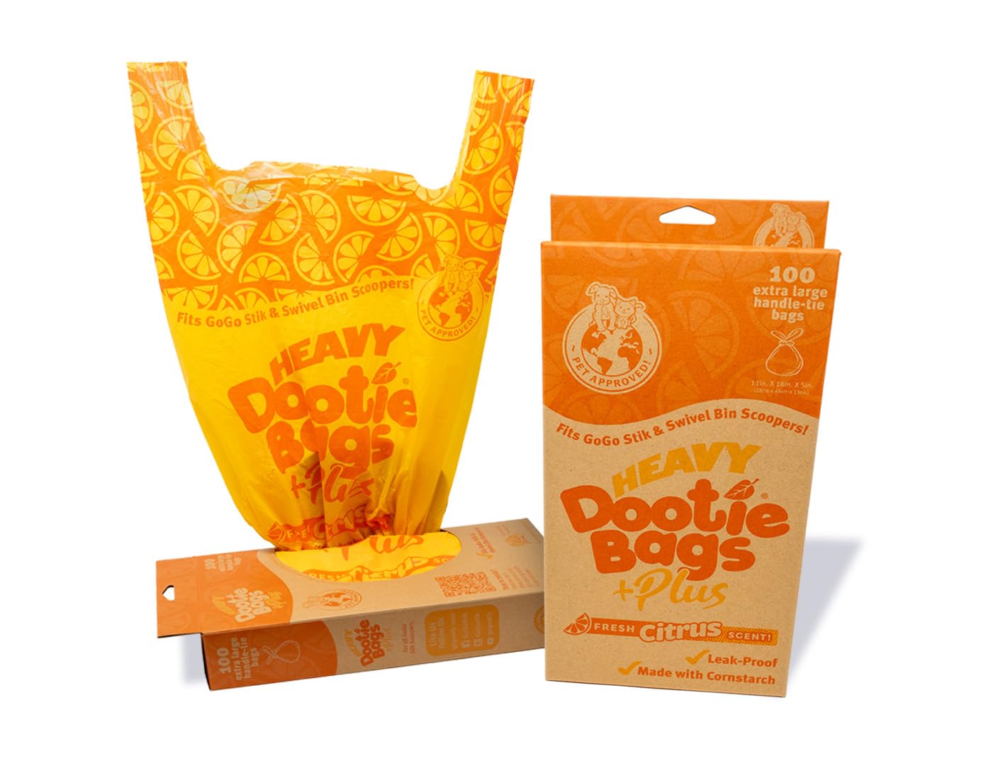 Heavy Dootie Bags +Plus A Hint Of Citrus Scent With Ez Tie Handles. For Pet Dog Poop, Cat Litter. Multi-Use. Fits Swivel Bin And