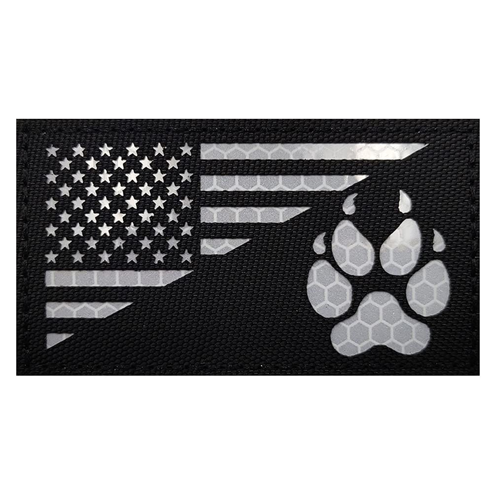 Ir Reflective Service Dog Patch Us Flag Tactical Dog Paw Patches Vests/Harnesses Fastener Hook & Loop Patch (3.54 * 1.97In- Dog Paw-Black+White)
