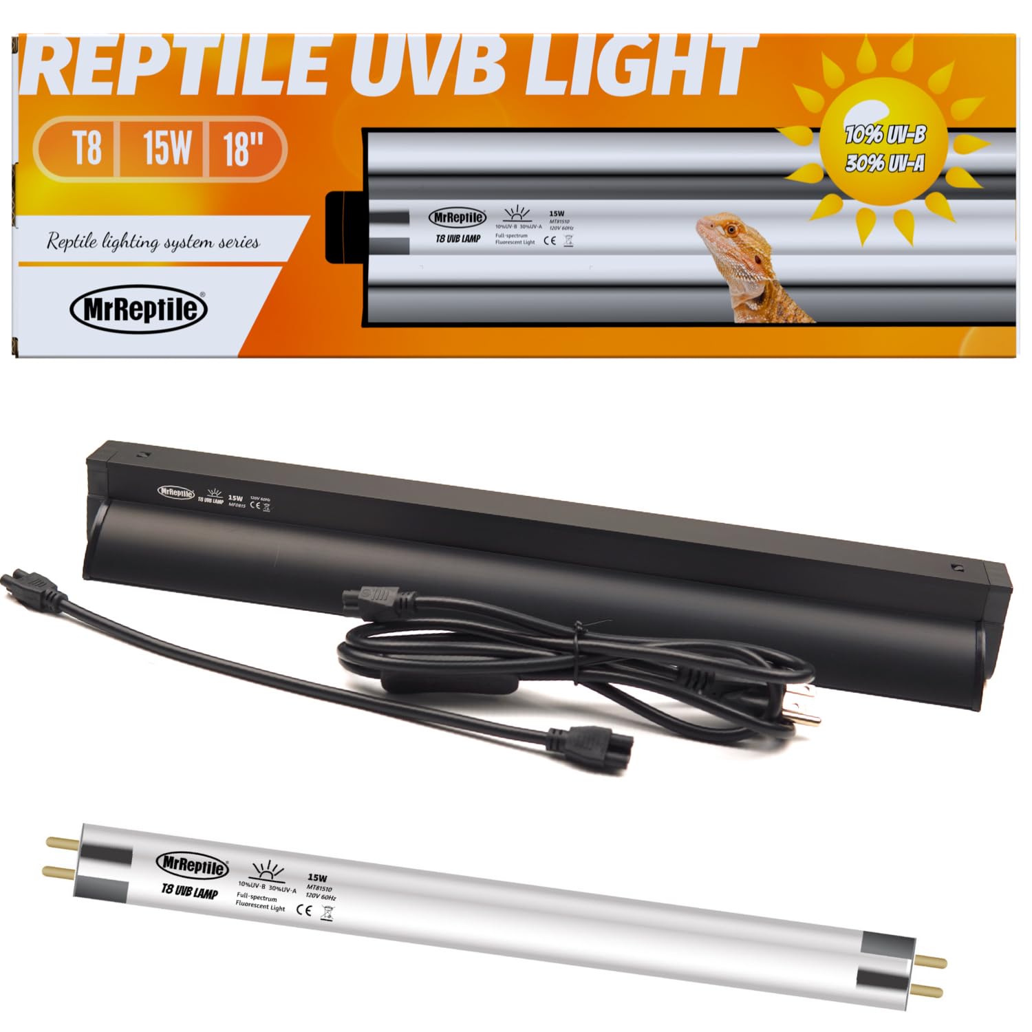 Mrreptile T8 Uvb Reptile Light, 15W 10.0 Uvb Lamp For Desert Reptiles, Bearded Dragon Uvb Light Bar, Uvb Reptile Liner Light Fix