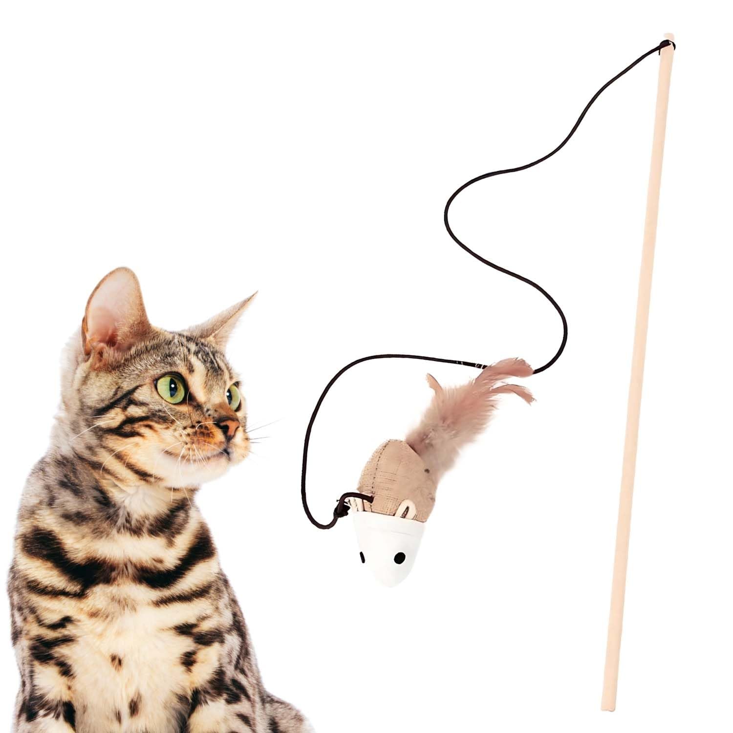Sage Square Wooden Cat Teaser Stick  Feather, Bell & String Toy For Kittens & Cats, Interactive Play For Exercise & Hunting Ins