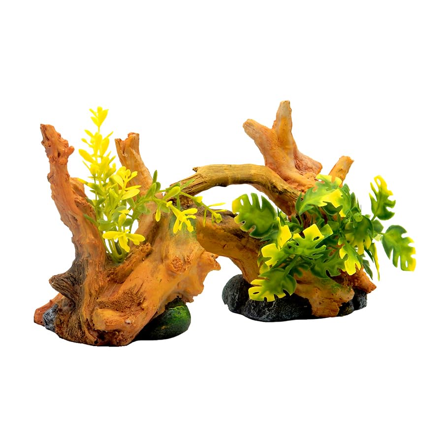 Blue Ribbon EE-639 Exotic Environments Driftwood Centerpiece with Plants Aquarium Ornament, Brown, Small