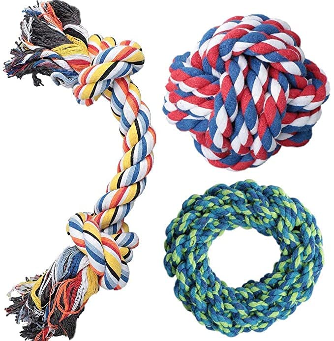 D&C PAWS Natural Cotton Combo Pack of Dog Rope Toy  Cotton Ring + Cotton Ball + Cotton Two Knotted Rope Chew Toys Set Ideal for