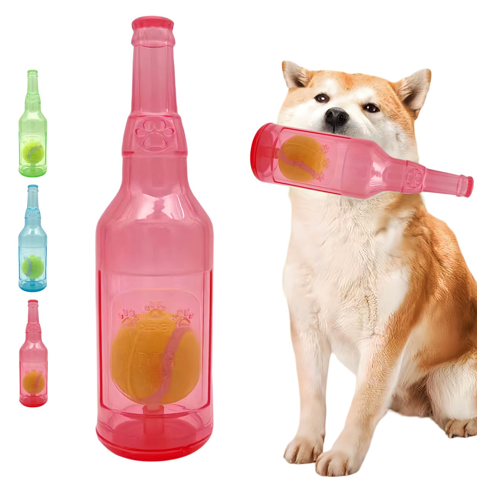 Cute Tough Dog Toy Rubber Bottle Squeaky Dogs Chew Toy Long Lasting Interactive Fetch Toy For Teething Tennis Ball Included (Red
