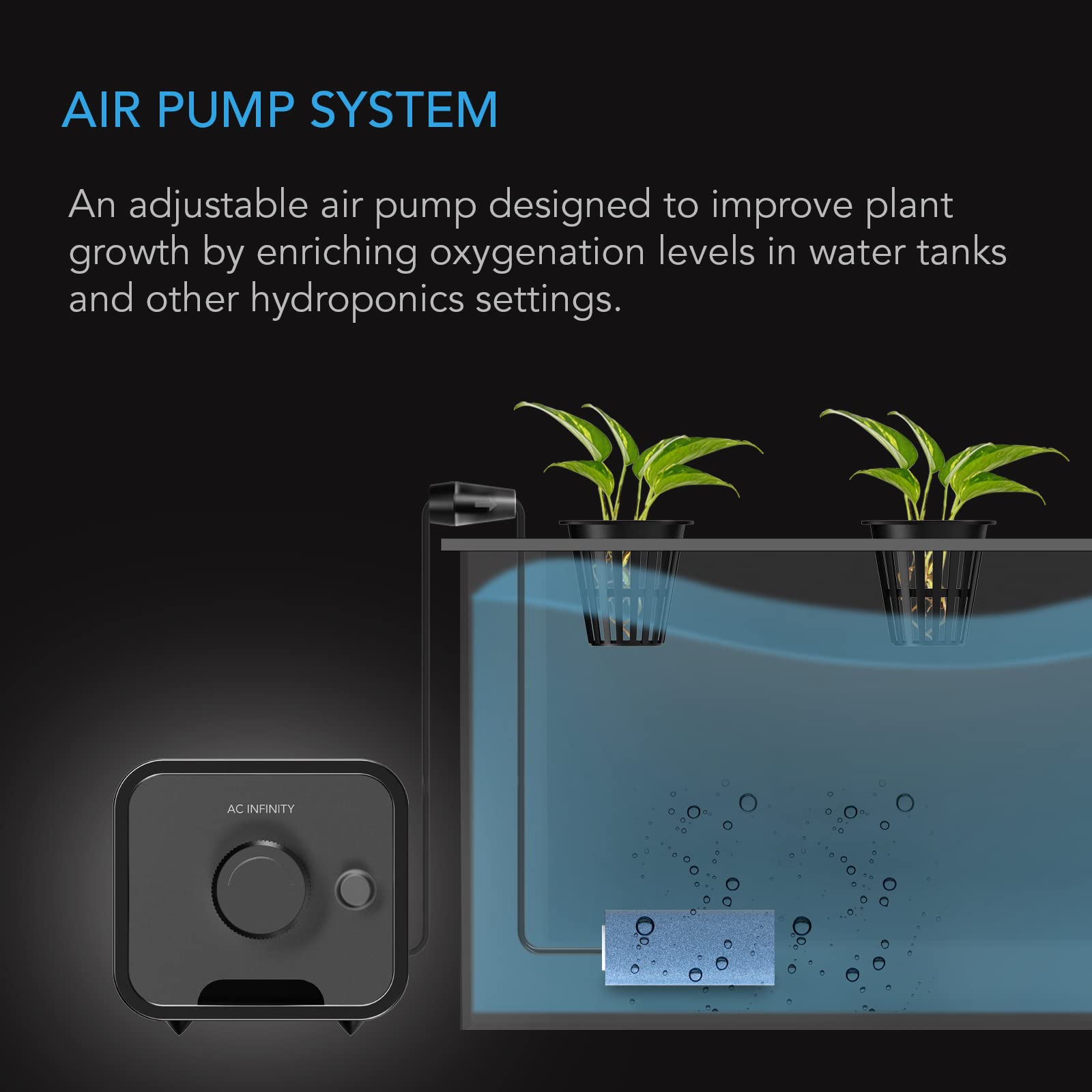 AC Infinity Air Pump 24 GPH (1.5 L/M), One-Outlet Adjustable Oxygen Pump Kit with Tubing, Check Valve, and Air Stone, for Aquari
