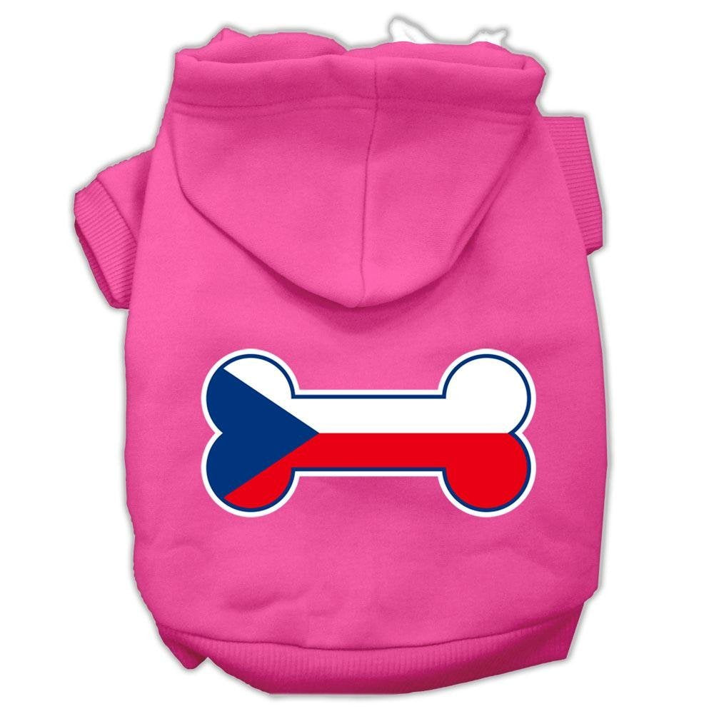 Pet, Dog & Cat Hoodie Screen Printed, 'Bone Shaped Czech Republic Flag' Bright Pink Xs (0-3 Lbs.)