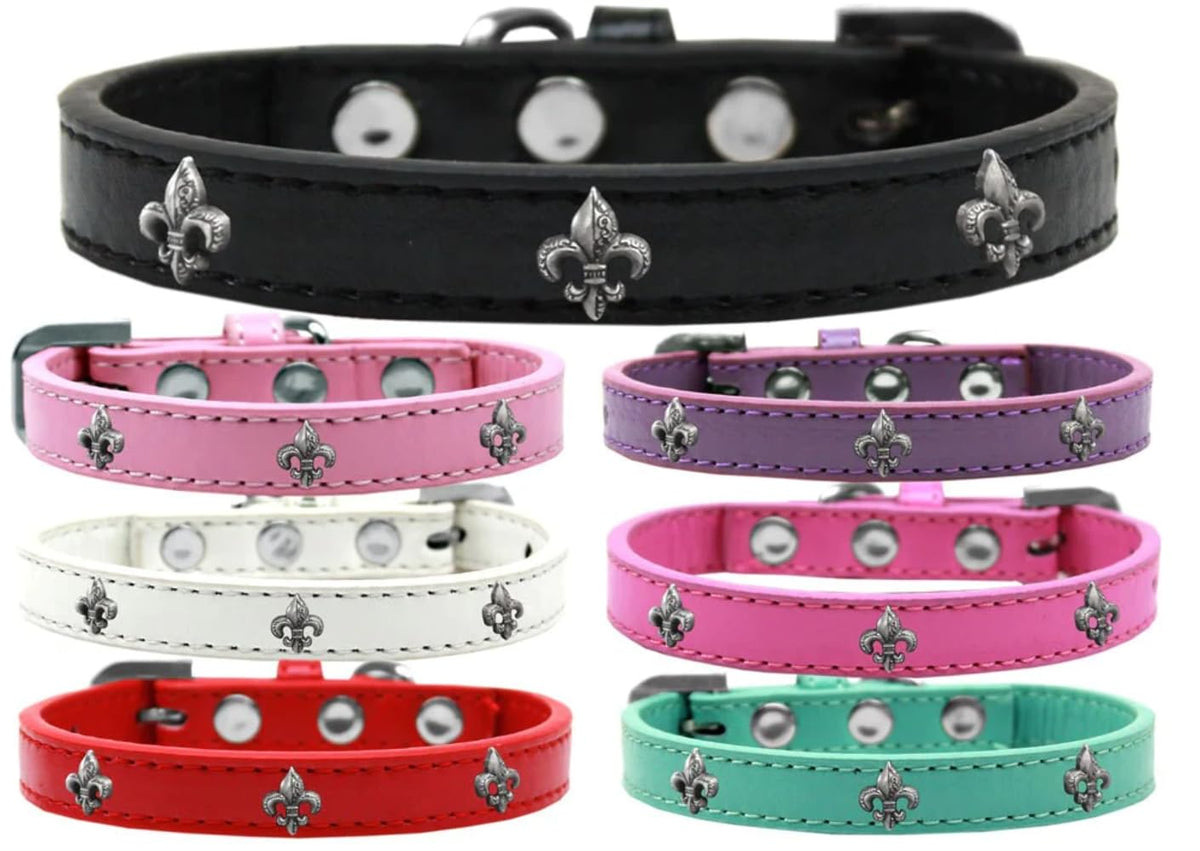 Dog, Puppy & Pet Widget Fashion Collar, &quot;Silver Fleur De Lis&quot; Black 12