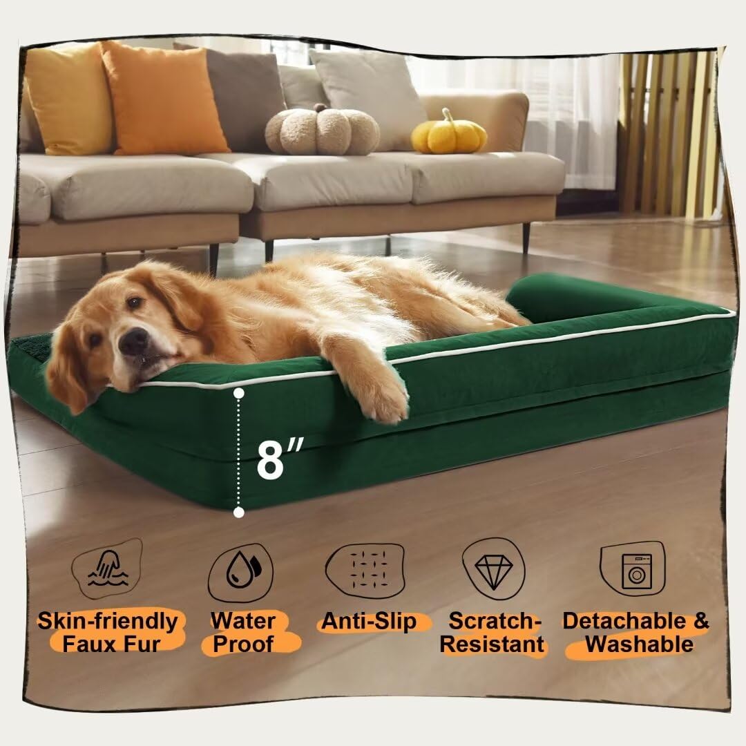 Large Dog Bed Orthopedic Washable: Beds Bolster - Xl Xlarge Big Dogs - Memory Foam - Ultra-Soft Xxl Dog Crate Bed - Waterproof With Removable Cover - Emerald Dog Bed
