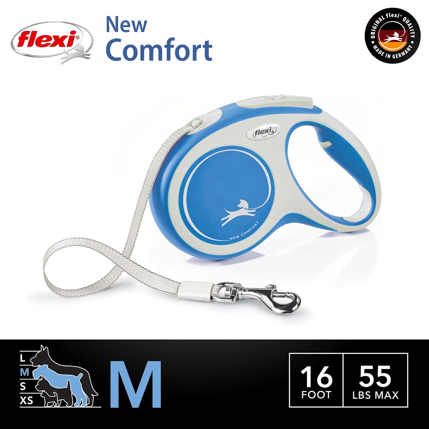 Flexi New Comfort Tape Retractable Dog Leashes For Medium Dogs Upto 55 Lbs. - 16 Ft., Blue | Tangle Free Pet Walking Leash With
