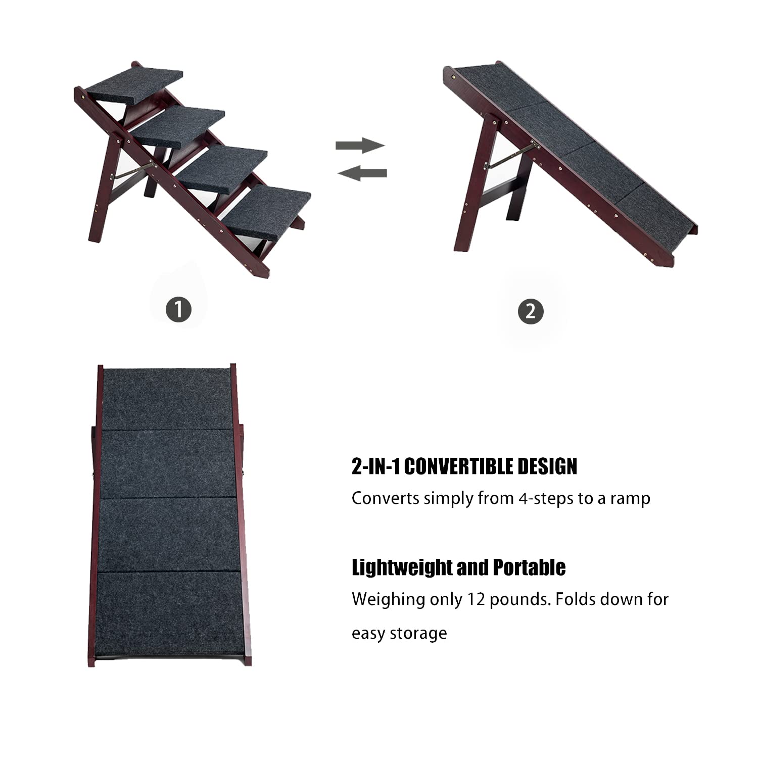 Mewang Wooden Pet Stairs/Pet Steps - 2-In-1 Foldable Stairs & Ramp For Beds And Cars - Portable Dog/Cat Ladder Up To 110 Pounds - Great For Small And Older Animals(Brown)