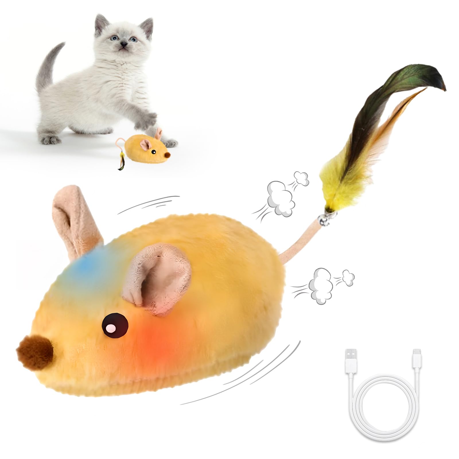 Pixibond Interactive Mouse Cat Toy, Automatic Moving Fake Rat Mouse Cat Toy, Realistic Rechargeable Dog Mouse Toy with Sound & F