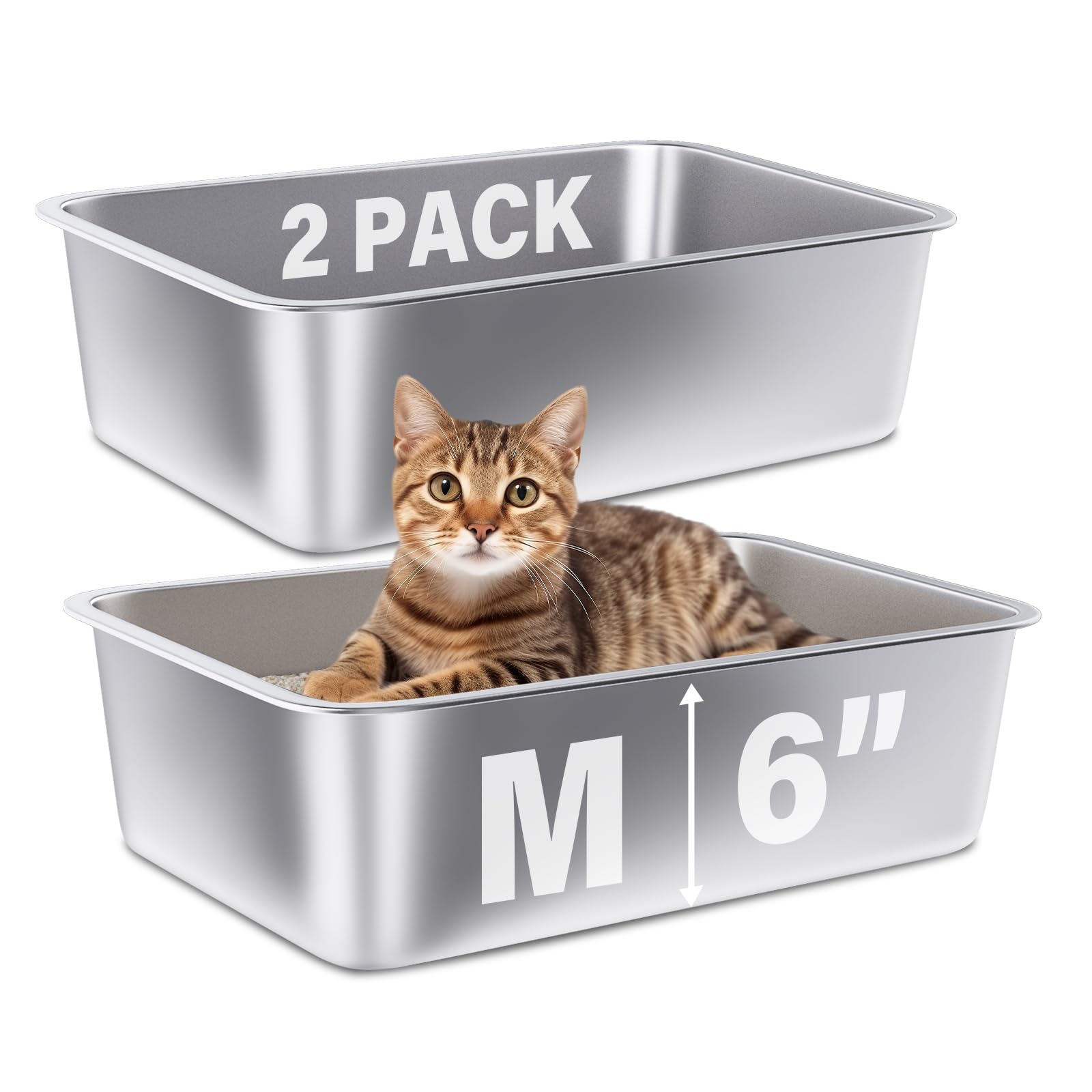 Futam Stainless Steel Litter Box 2 Pack,Medium Metal Litter Box For Kitty/Cat/Rabbits, Easy To Clean, Non Stick Litterbox No Sme