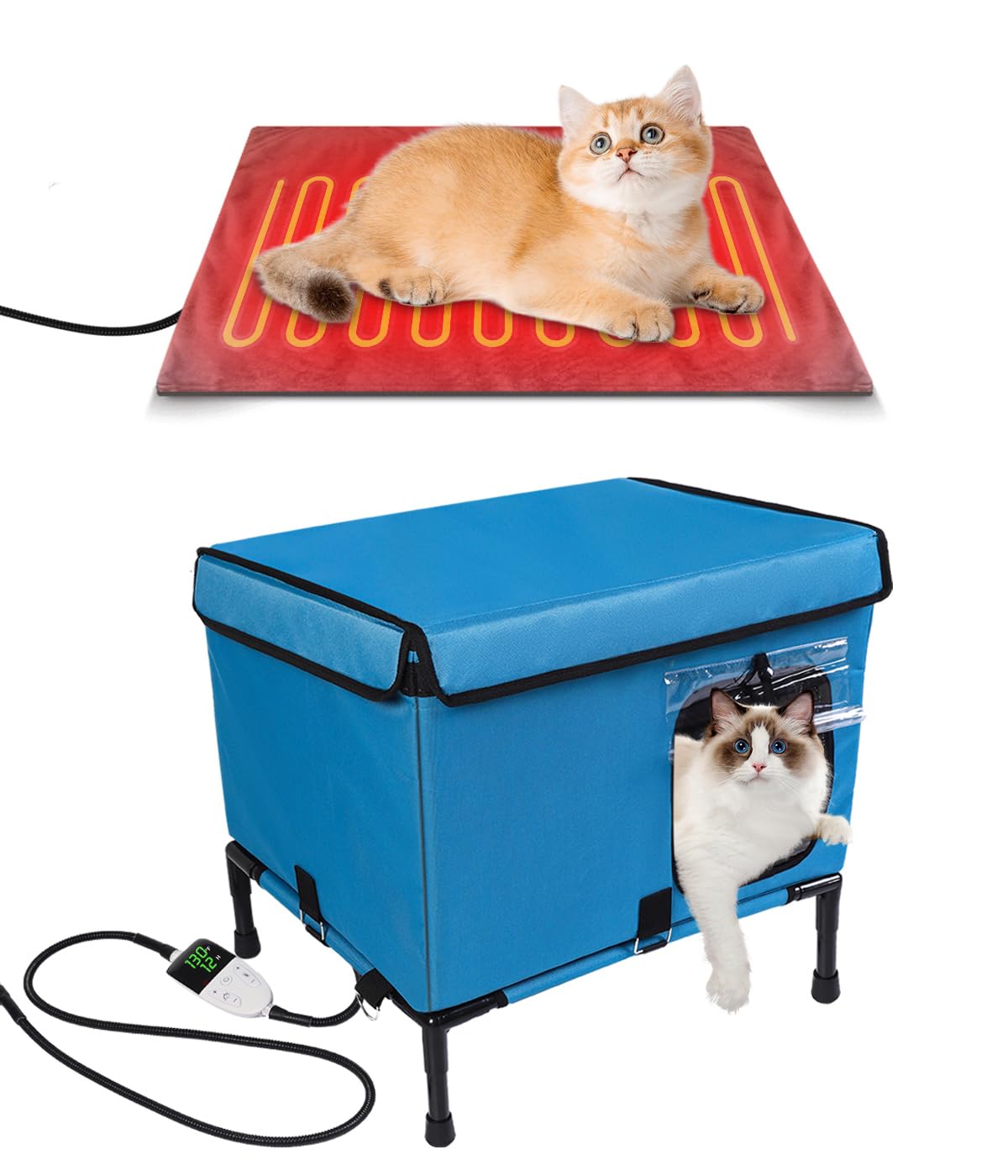 Heated Cat House For Outside, Large Weatherproof Heated Cat Shelter With Heating Pet Pad,Pet Houses For Outdoor Cats(21 * 16 * 1