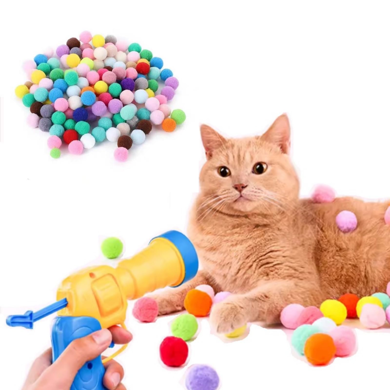 100pcs Cat Toy Ball Launcher Set Colorful Plush Self Play Toys Pom Pom Ball