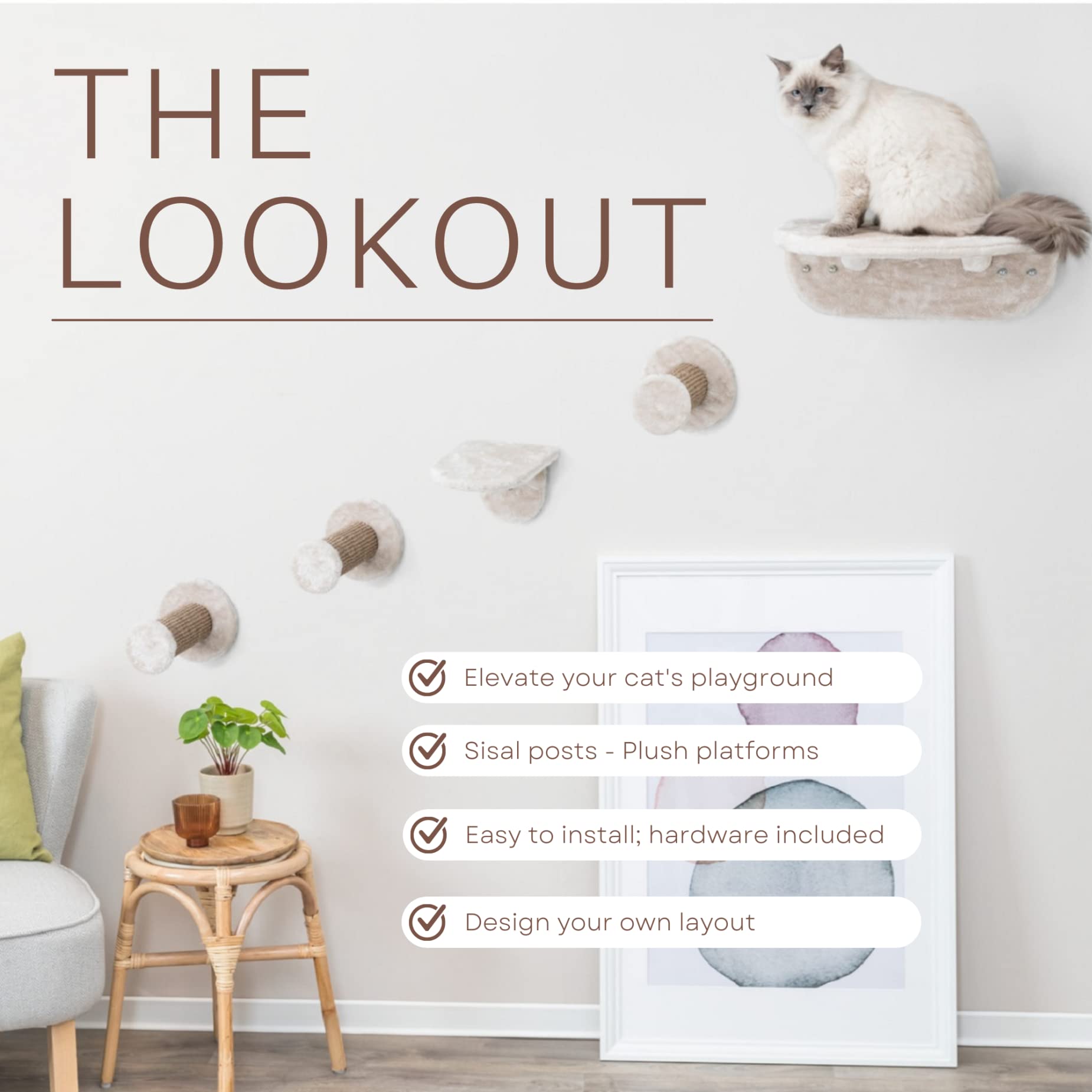 Trixie Lookout Wall Mount Cat Lounge 5Pc Set, 2 Platforms And 3 Steps, Scratching Post, Brown