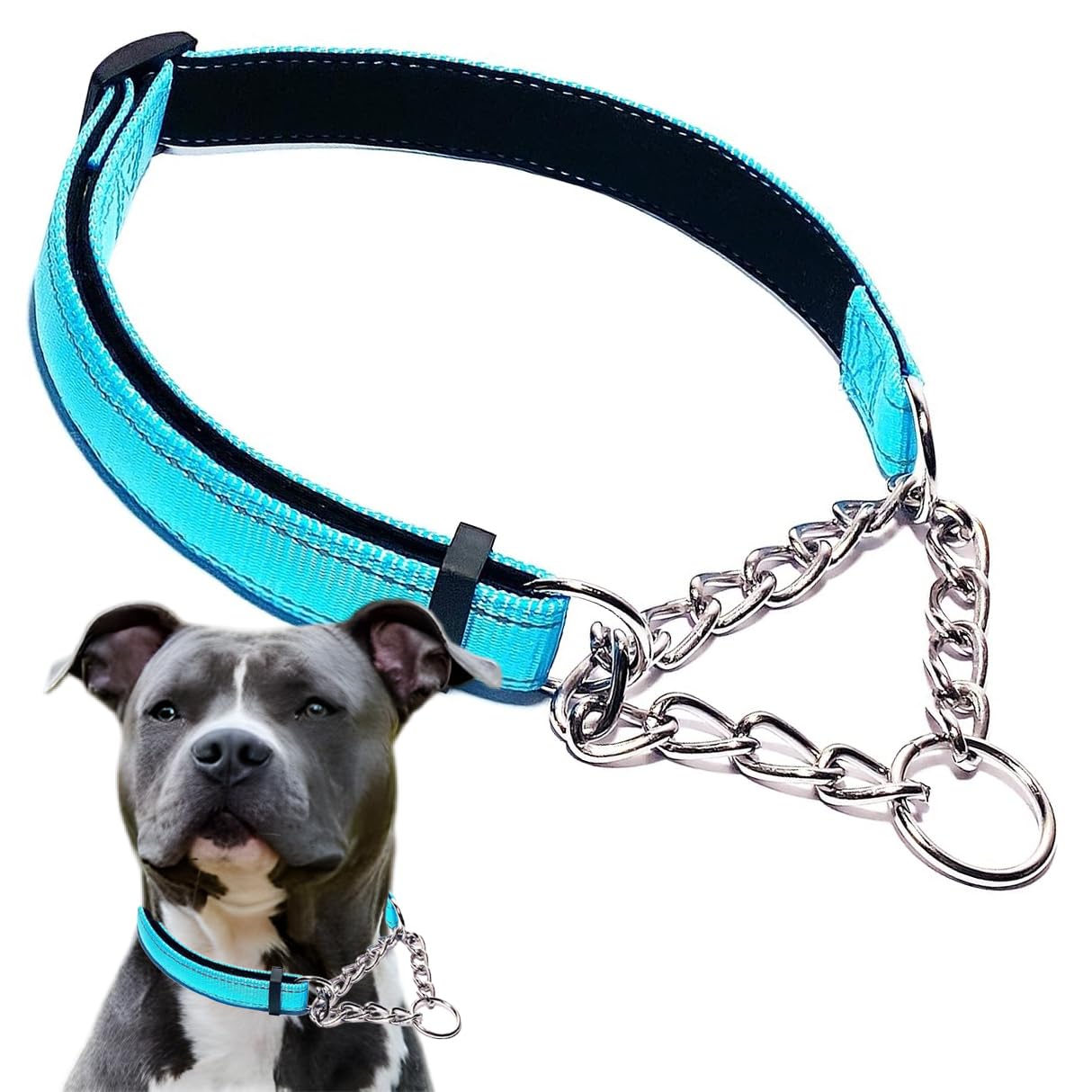 Light Blue Martingale Collar For Dogs, Reflective Nylon Dog Collar Adjustable Stainless Steel Chain Collar Female No Pull Pet Tr