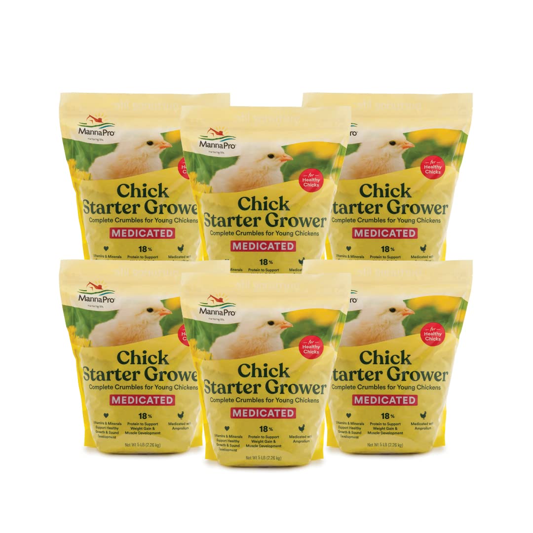 Manna Pro Medicated Chick Starter Grower - Crumbled Chick Feed - Feed for Young Chickens - 6-Pack of 5lbs