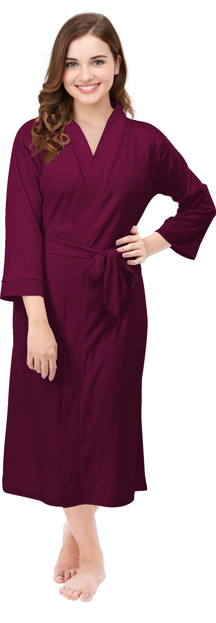 Ny Threads Luxurious Women Knit Robe Kimono Cotton Blend Bathrobe Ladies Loungewear Sleepwear (Medium, Purple Red)
