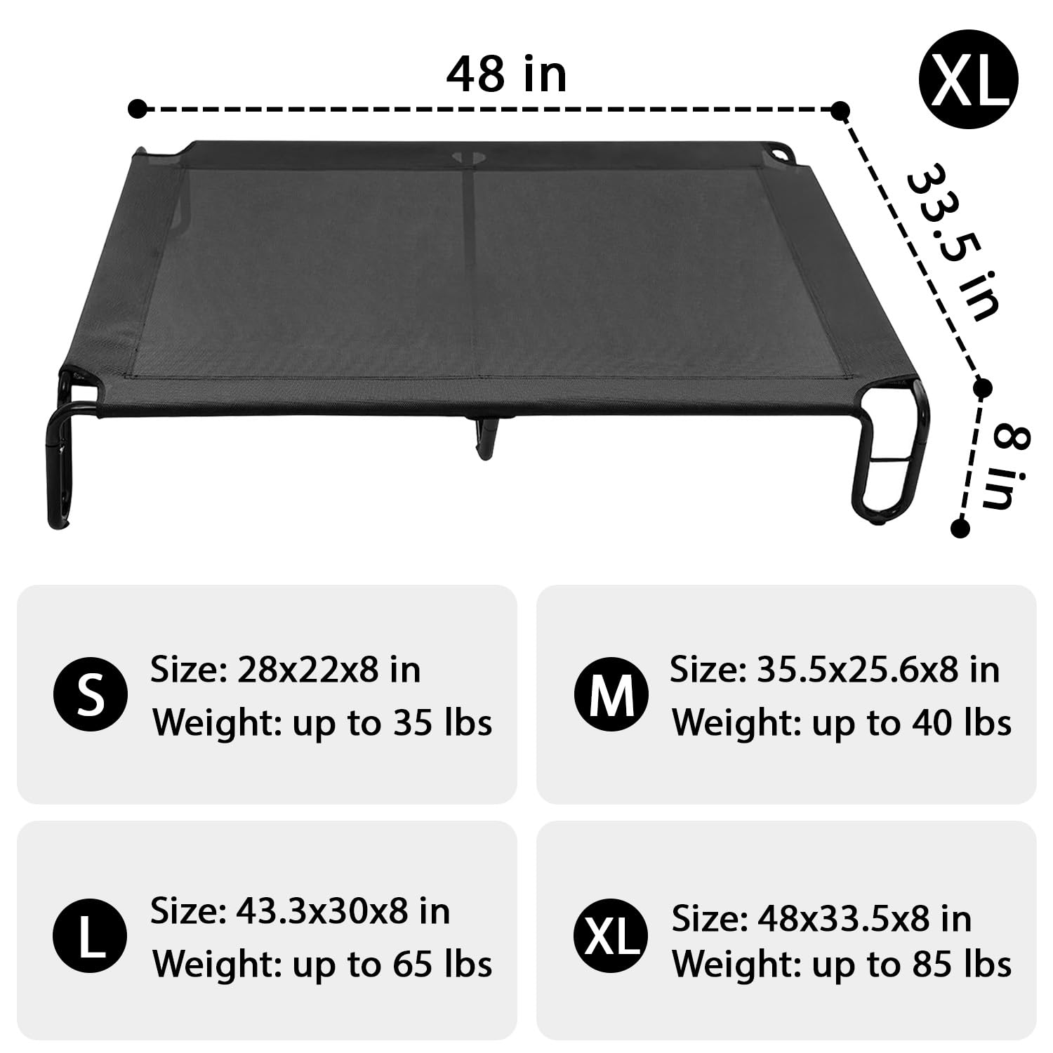 Pettycare Elevated Outdoor Dog Bed - Dog Cots Beds For Large Dogs Xl, Waterproof Raised Dog Bed Easy To Assemble, Cooling Elevated Dog Bed With Teslin Mesh, Durable, Non Slip, Up To 85 Lbs,Black