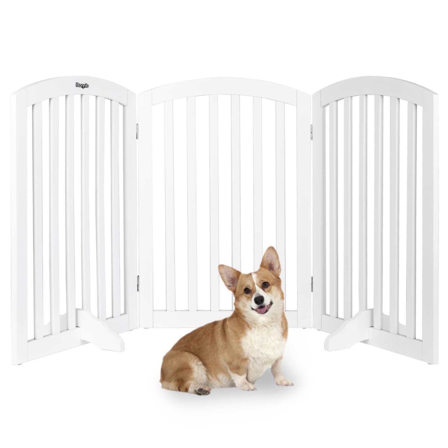 Bonnlo 30'' Tall White Freestanding Dog Gates For Doorways, Trifold Pet Gate Step Over Foldable Gate, Wooden 3 Panel Pet Gate Ch