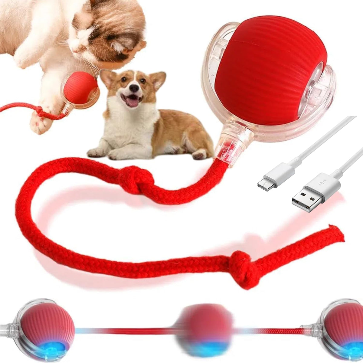Koujut Peppy Pet Interactive Rolling Ball For Dogs & Cats - Upgraded Electric Self-Moving Toys (Red)