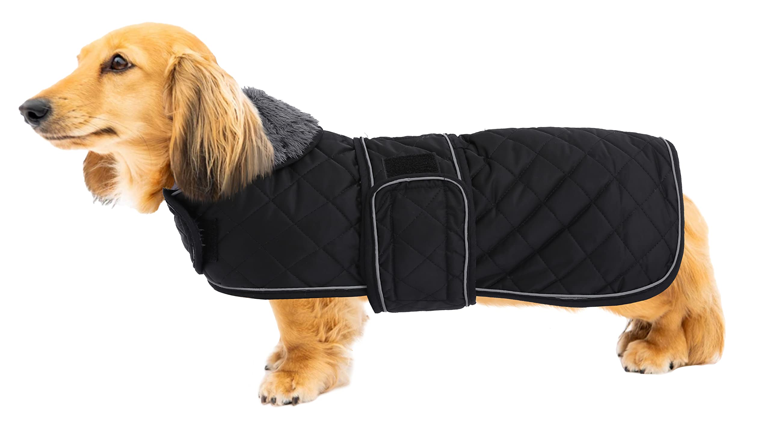 Warm Thermal Quilted Dachshund Coat, Dog Winter Coat With Warm Fleece Lining, Outdoor Dog Apparel With Adjustable Bands For Medium, Large Dog-Black-M