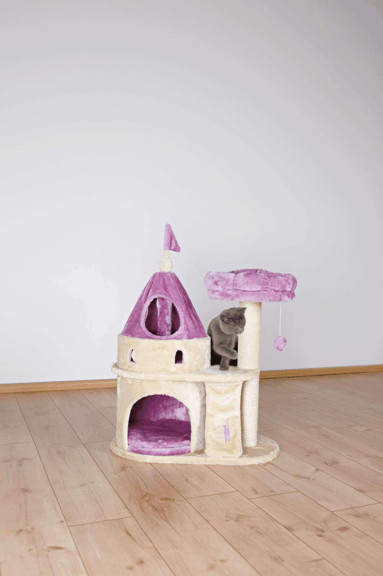 Trixie My Kitty Darling Castle Condo, Scratching Post, Cat Tree, Pom Pom, Crinkle Toy | Beige 27.5 X 14.75 X 35.25 In.