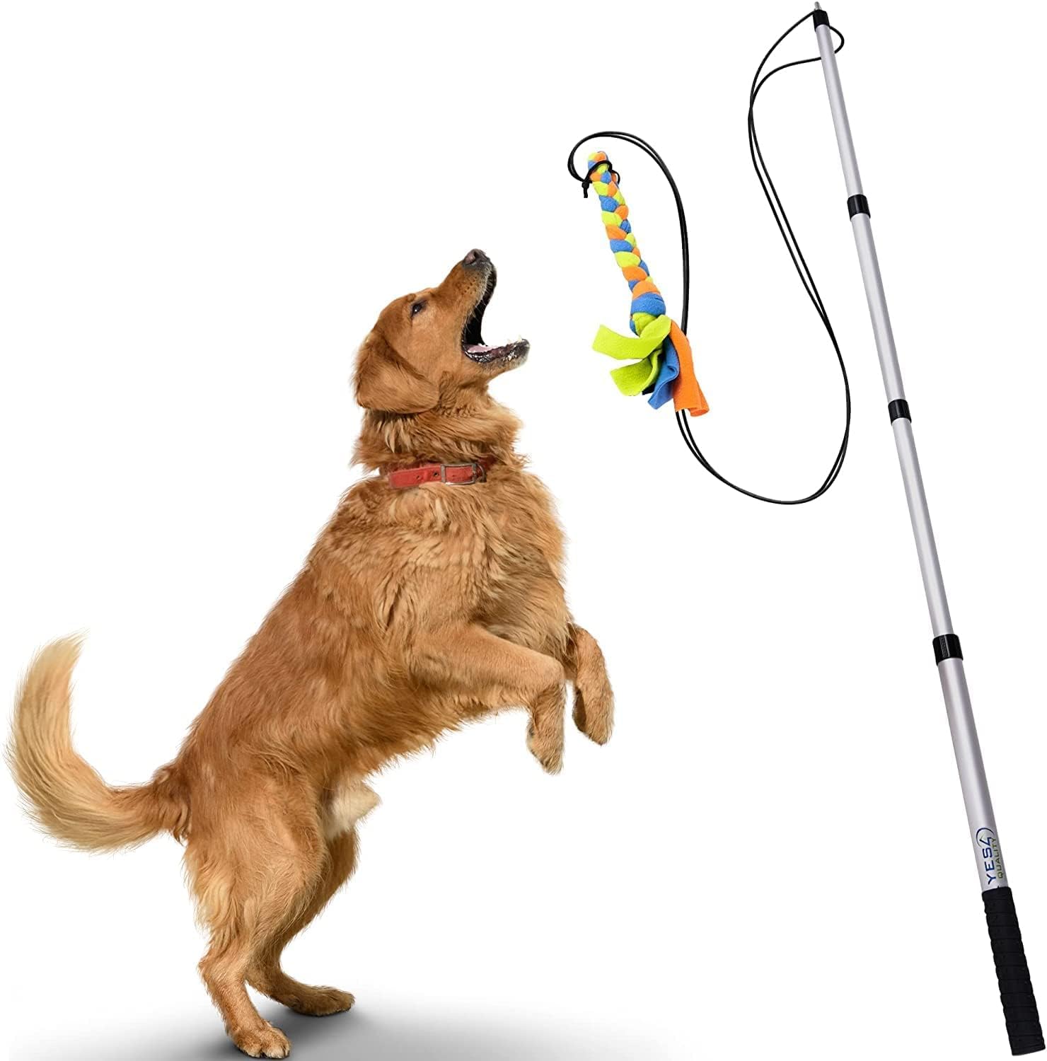 Yes4Quality Flirt Pole For Dogs - Safe & Strong For Large Breeds W/Non-Bungee Cord - Spring Pole For Tug Of War, Interactive Play & Puppy Training - Heavy-Duty Teaser Wand For Outdoor Exercise