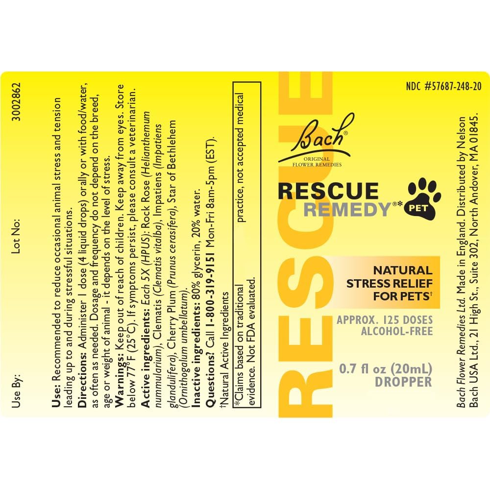 Bach RESCUE Remedy PET Dropper 20mL, Natural Stress Relief, Calming for Dogs, Cats, & Other Pets, Homeopathic Flower Essence, Th