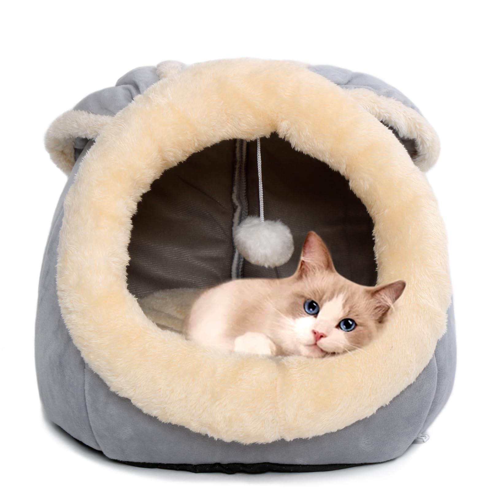 Cat Beds For Indoor Cats - Rabbit-Shaped Cat Cave Bed With Hanging Toy,Super Soft Calming Pet Bed For Kitten&Puppy,Small Dog,War
