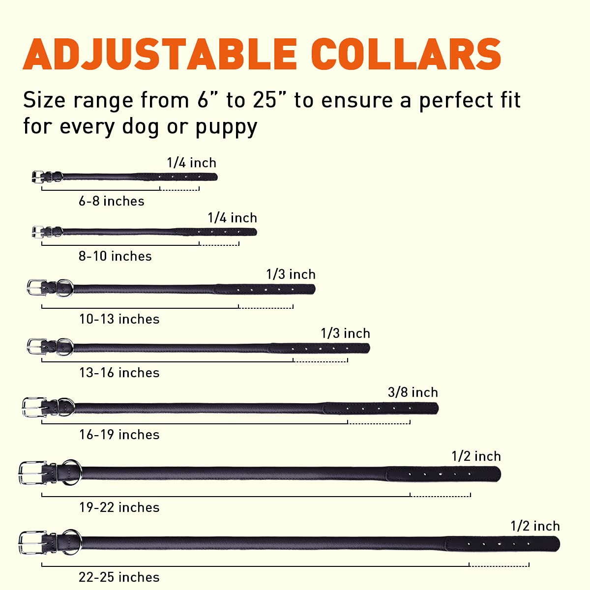 Dogline Soft And Padded Rolled Round Leather Collar For Dogs W1/4'' - L10''-13'', Black