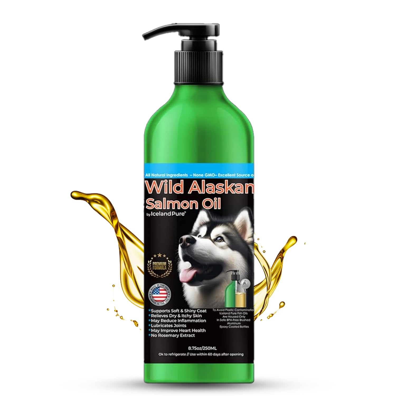 Wild Alaskan Salmon Oil for Dogs and Cats by Iceland Pure | 1,043 mg of Omega-3 per Teaspoon | Salmon Oil & Pollock Blend | BPA-