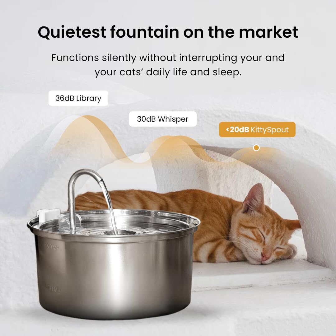KittySpout Stainless Steel Cat Water Fountain Automatic Drinking Fountain, Quiet Circulating Water Bowl, Dishwasher Safe, Indoor
