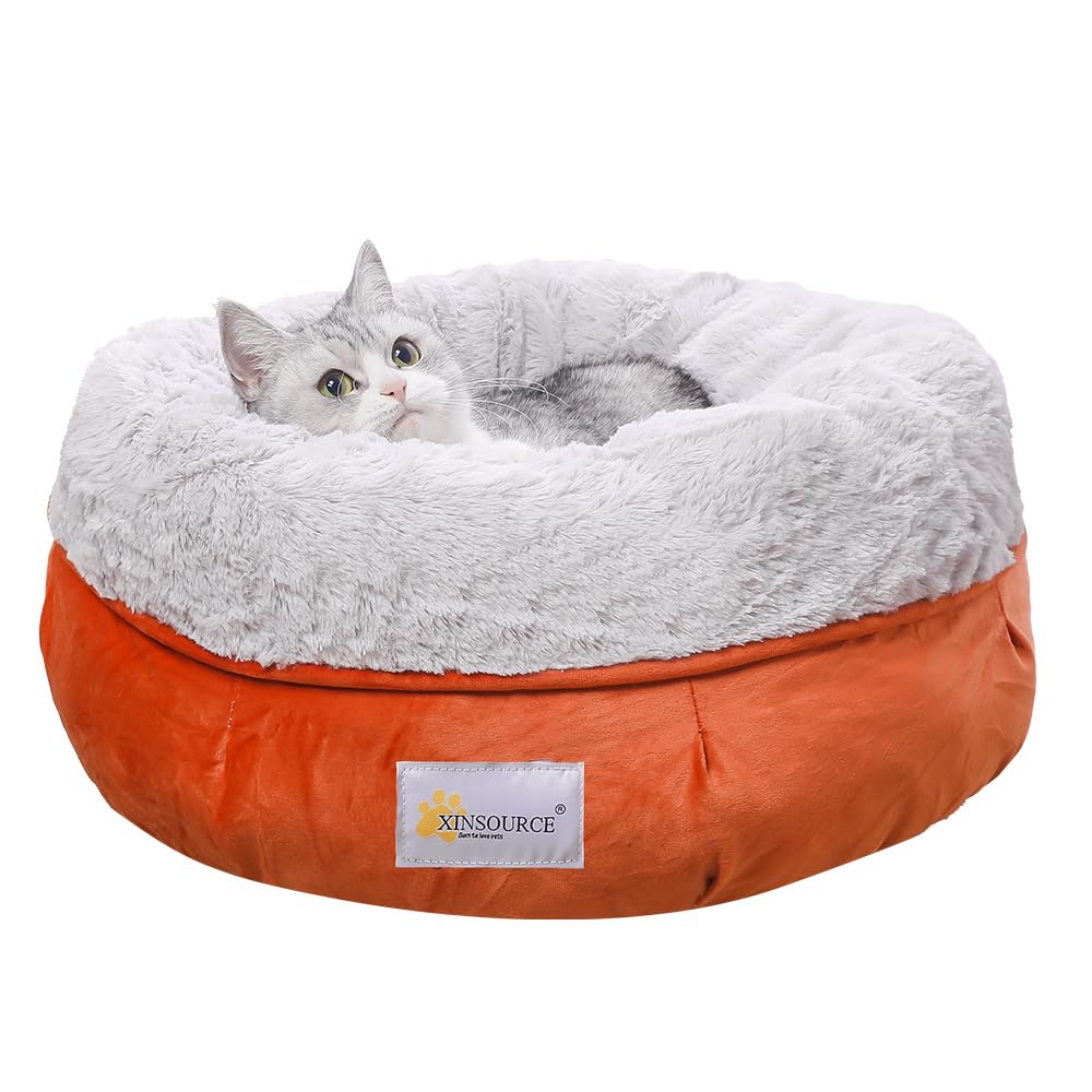 Xinsource Cozy Round Pet Bed, Cats Bed,Dogs Bed. Soft Plush Interior. Extra Support. Non-Slip. Machine Washable. (Gery+Orange, S