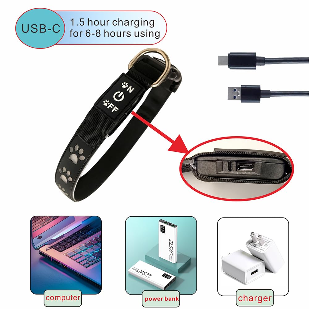 Dogled Led Light Up Dog Collar, Usb-C Rechargeable, Multicolor Paw Print Design, 15 Modes Lighting Night Safety (Red, Xl(19.7-23