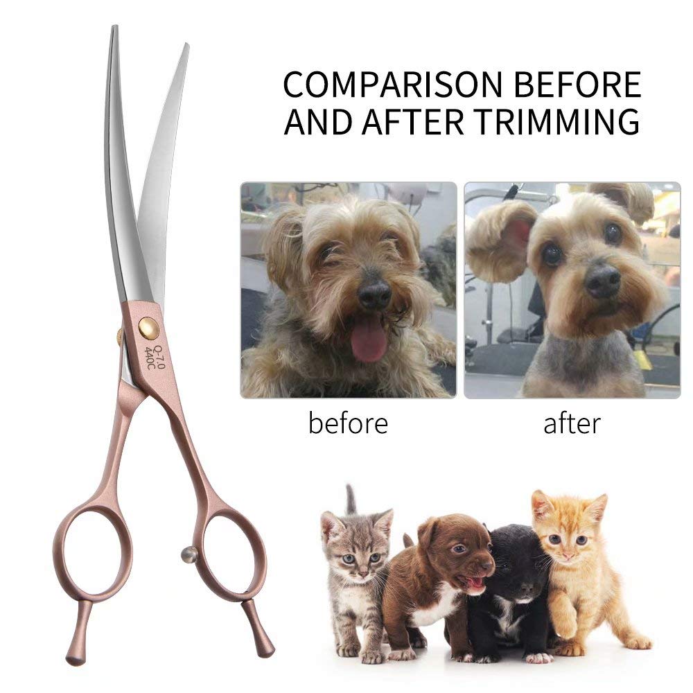 Fenice Peak Professional Curved Dog Grooming Scissors 7 Rose Gold 440C Stainless Steel Pet Cutting Shears Safety Trimming Shea
