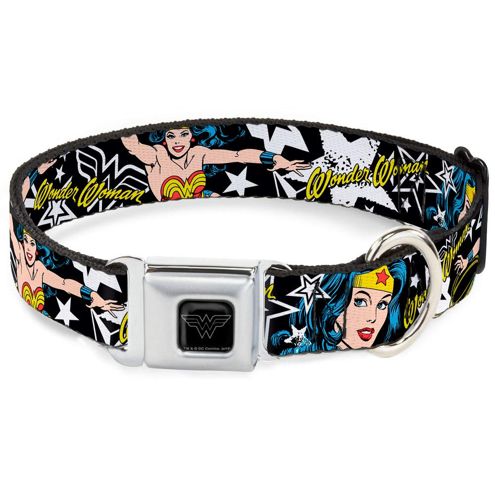 Buckle-Down Seatbelt Buckle Dog Collar - Wonder Woman/Stars Black/White - 1.5 Wide - Fits 16-23 Neck - Medium