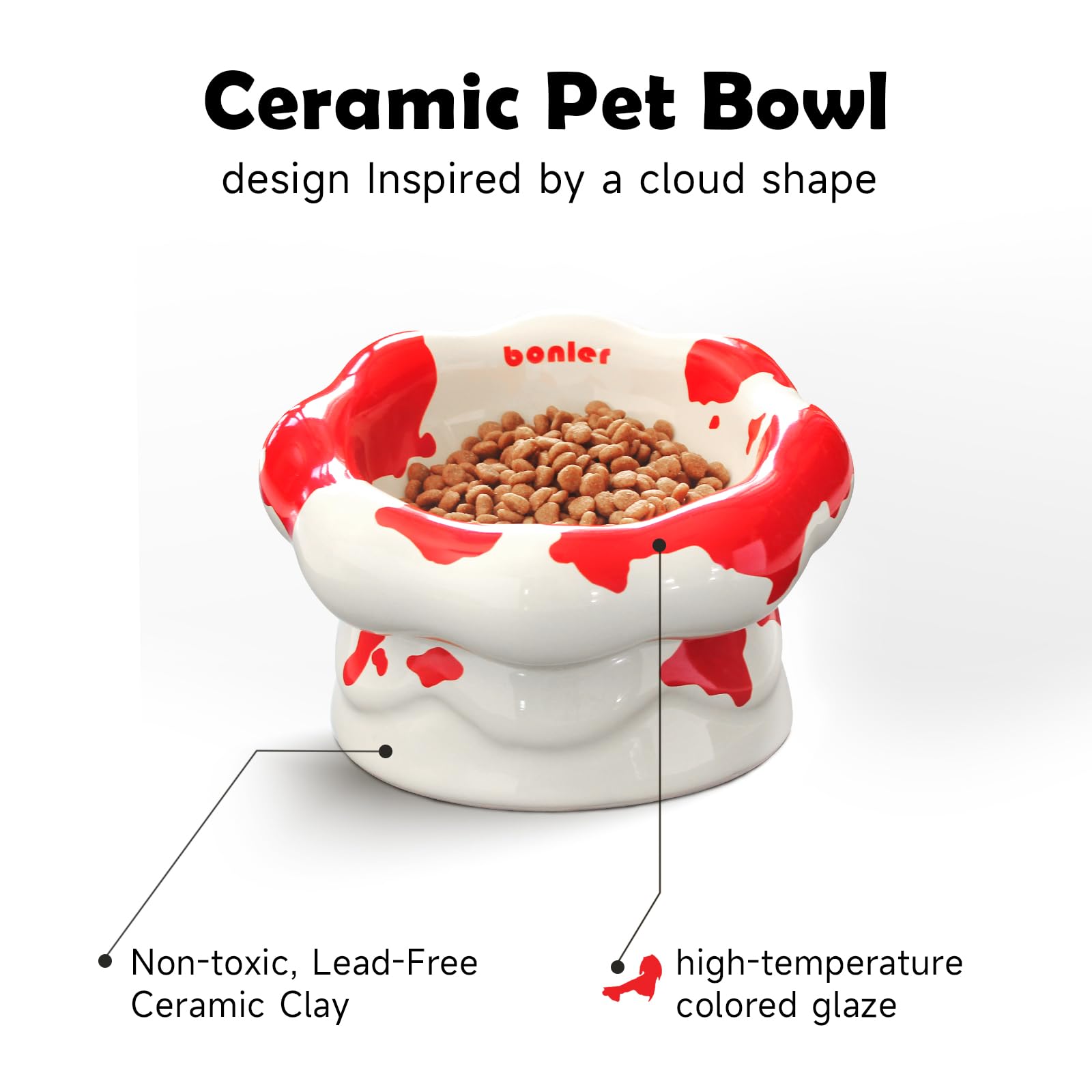 Cloud-Shaped Ceramic Cat Bowl - Elevated Raised Design For Indoor Cats & Kittens,Tilted Anti-Vomiting Shallow Dish With Spine Pr