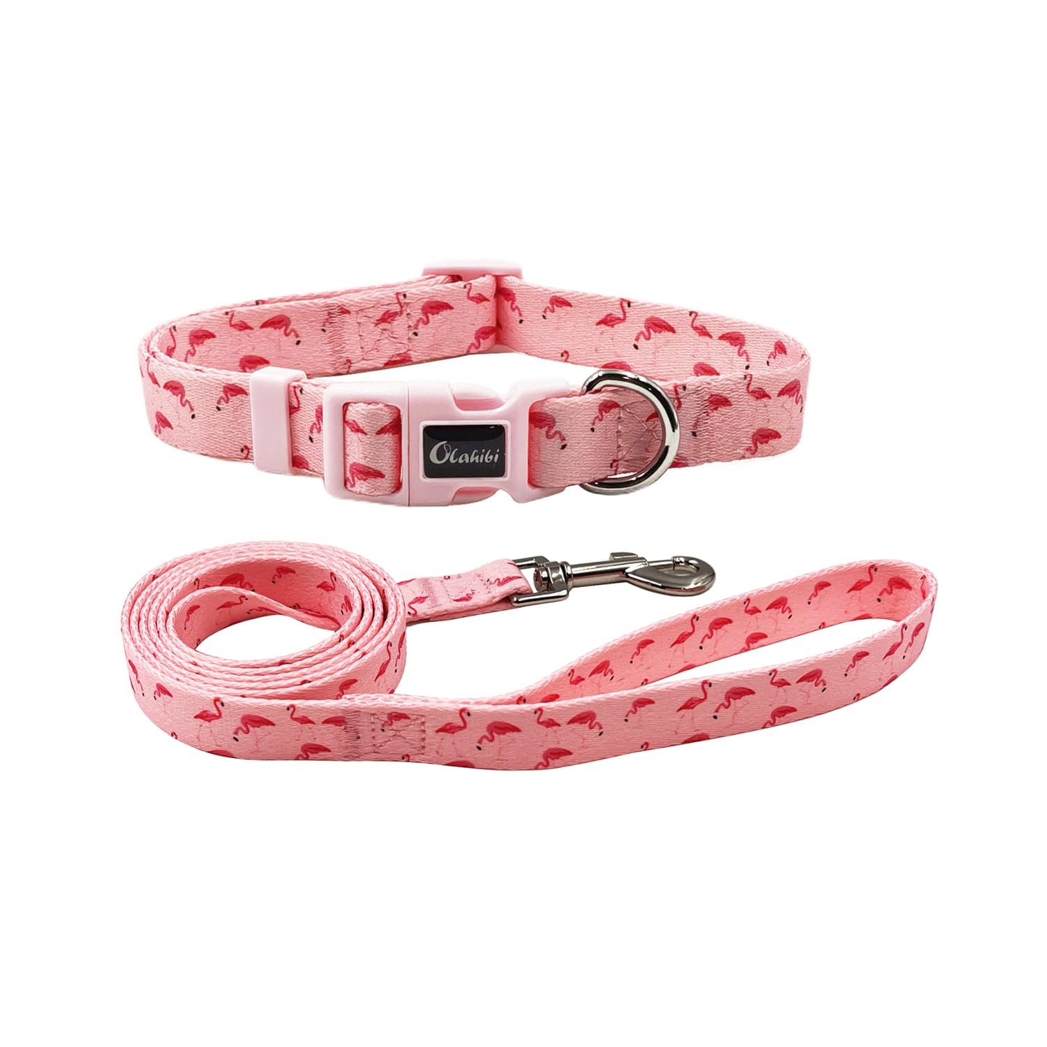 Olahibi Dog Collar Leash Set, Flamingo Pattern, Polyester Material, Adjustable Collar And 5Ft Matching Leash, For Small Dogs.(S,