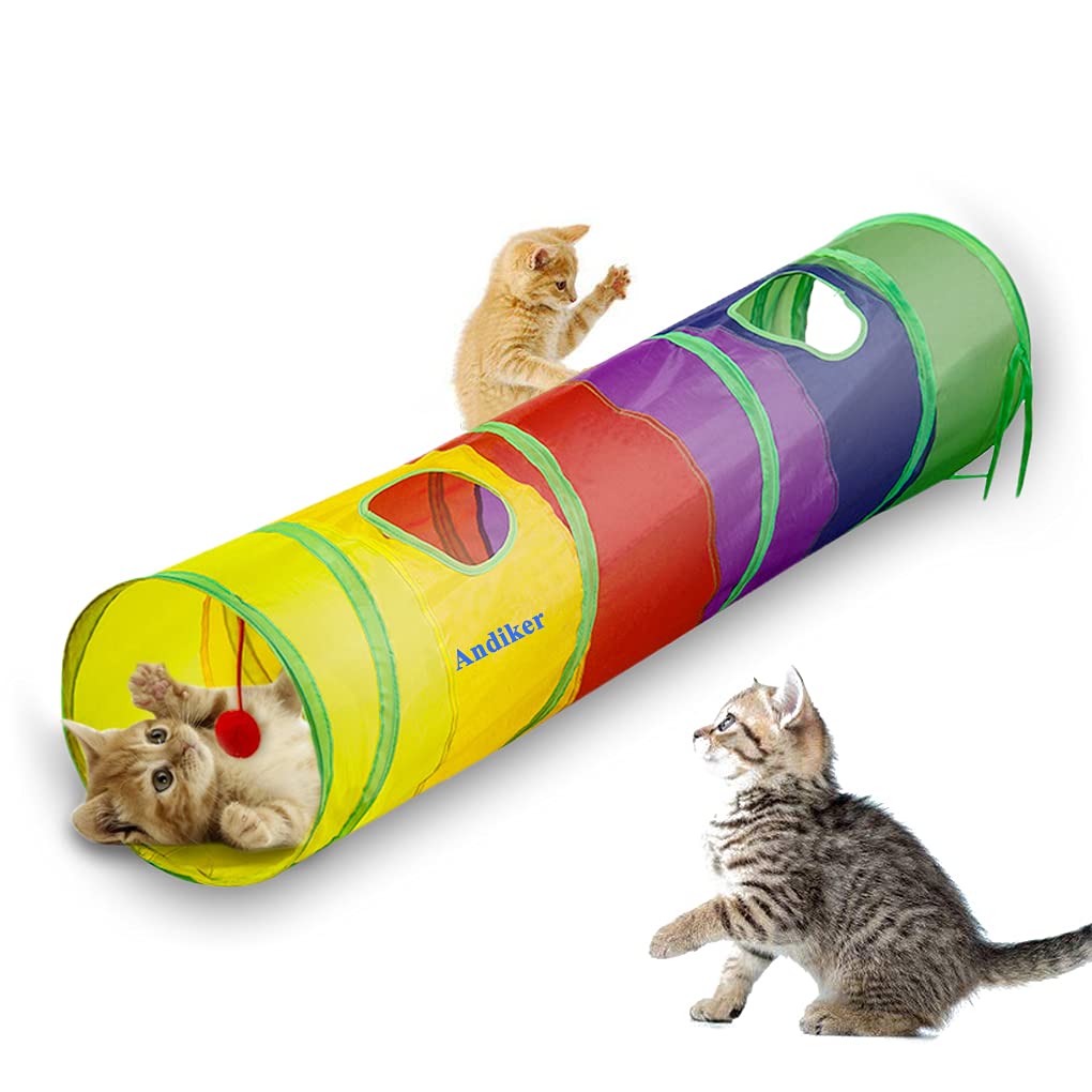 Andiker Cat Tunnel for Indoor Cats, 45  Long Rainbow Collapsible Kitten Tube with a Fun Ball and 2 Holes Cat Play Tunnel, Rabbit