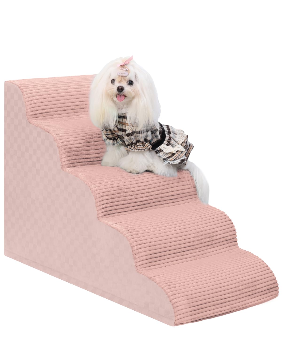 Dog Curved Stairs for High Beds 22 H, 5-Step Pet Stairs for Small Dogs with High Density Foam, Dog Slope Stairs with Durable Non