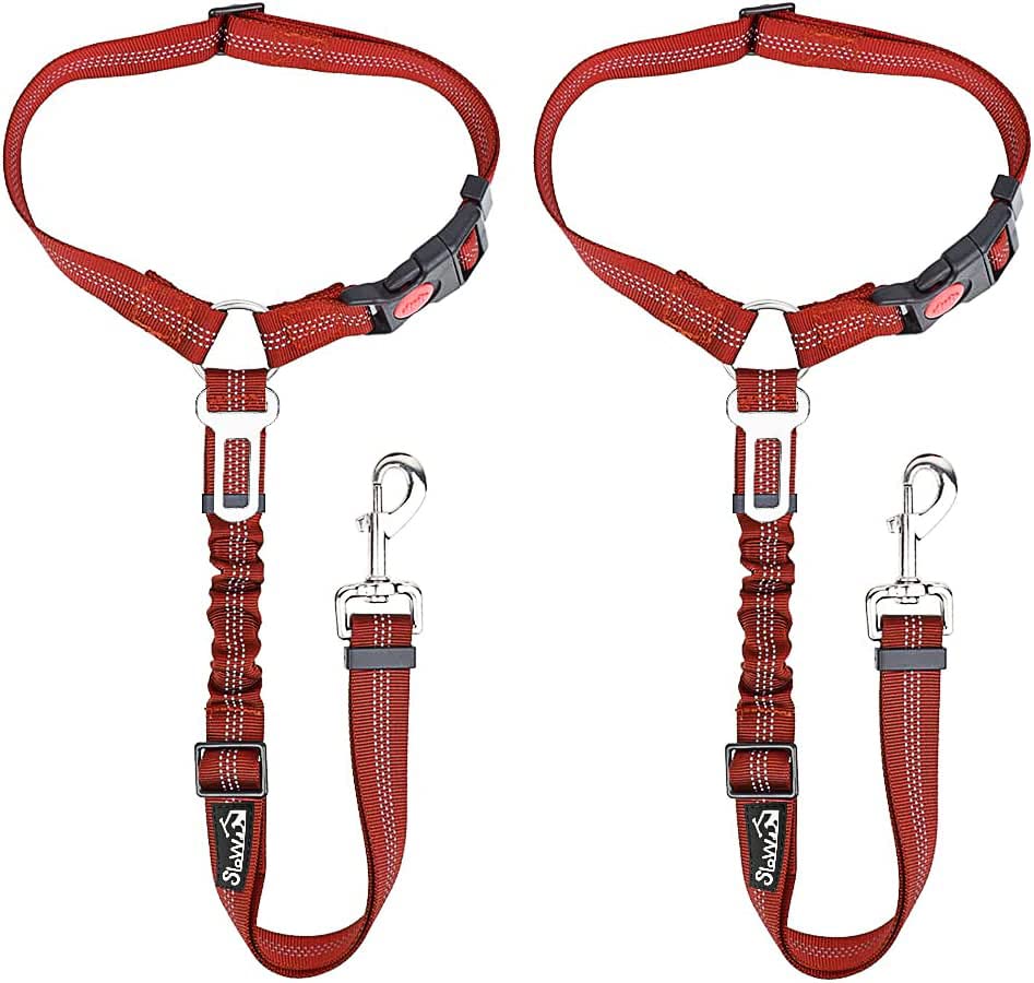 Slowton Dog Seat Belt Car, 2 Pack Dog Car Harness Seatbelt Adjustable With Elastic Bungee Buffer, 2 In 1 Pet Car Leash Headrest Restraint Safety Tether Reflective No Twist (Red-Dual Use)