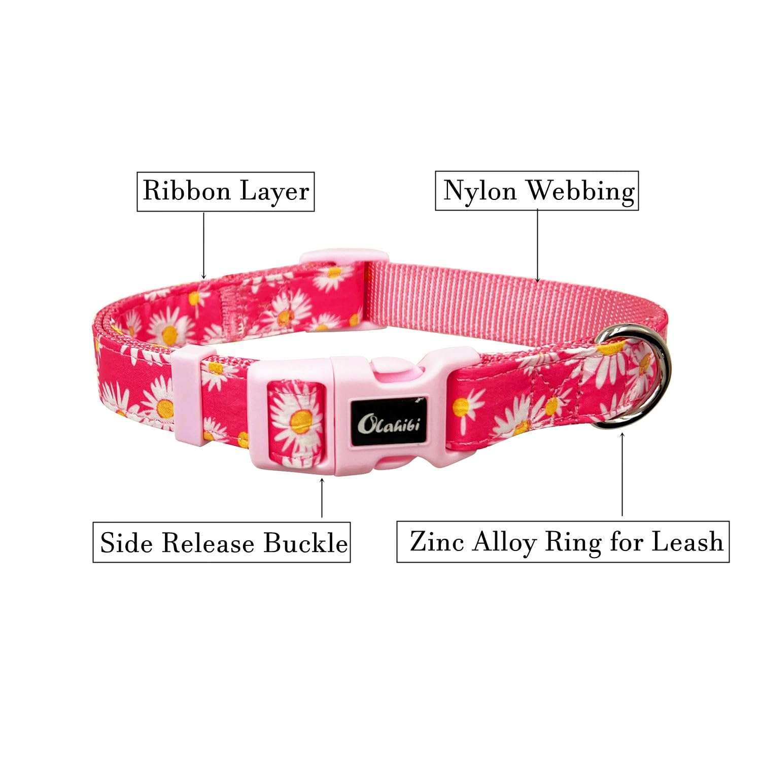 Olahibi Dog Collar, Floral Pattern, Nylon Webbing Plus Cotton Ribbon, For Large Dogs.(L, Pink Daisy)