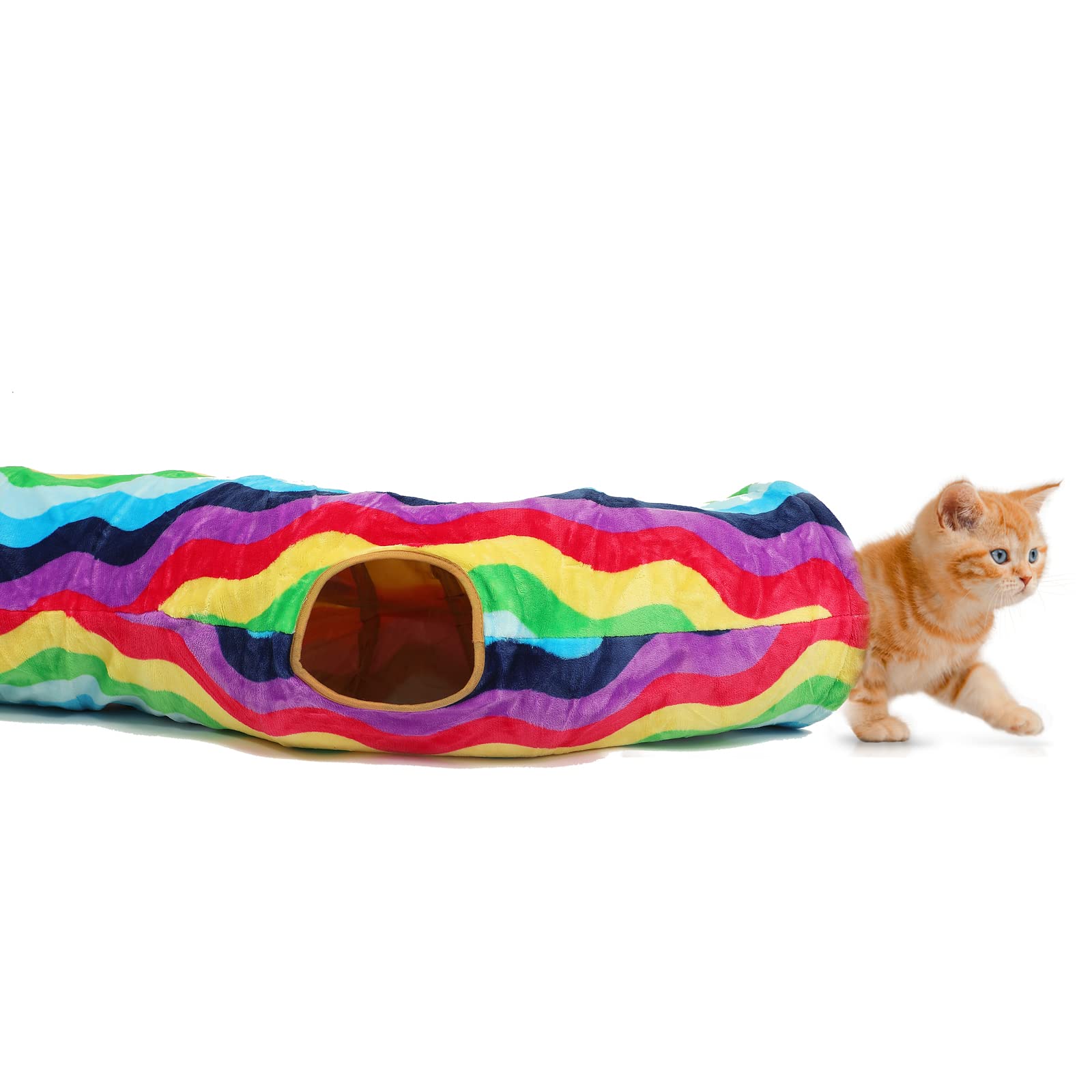 Luckitty Cat Tunnel - S-Shaped, Rainbow Wave Color, Soft Velvet Exterior, Oxford Fabric Fog-Proof Interior, Plush Toy Ball, Easi