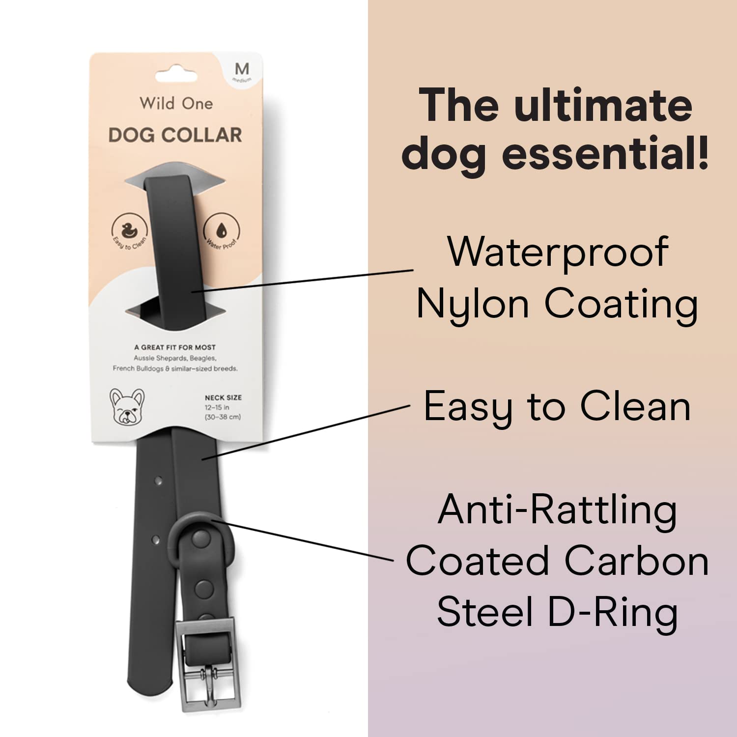 Wild One Dog Collar, Easy-Clean, All Weather Flex-Poly Strap With Metal, Durable, Dirt And Odor Resistant (Black, S)