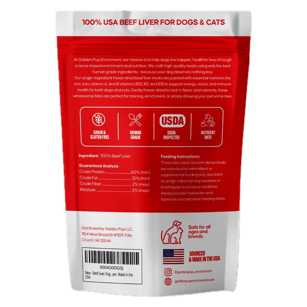 Beef Liver Dog Treats, Freeze Dried Raw Beef Liver Treats for Dogs & Cats, Single Ingredient, Human Grade, No Additives, High Pr