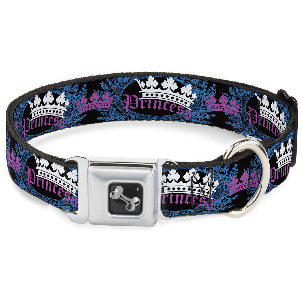 Buckle-Down Seatbelt Buckle Dog Collar - Crown Princess Oval Black/Turquoise - 1'' Wide - Fits 15-26'' Neck - Large